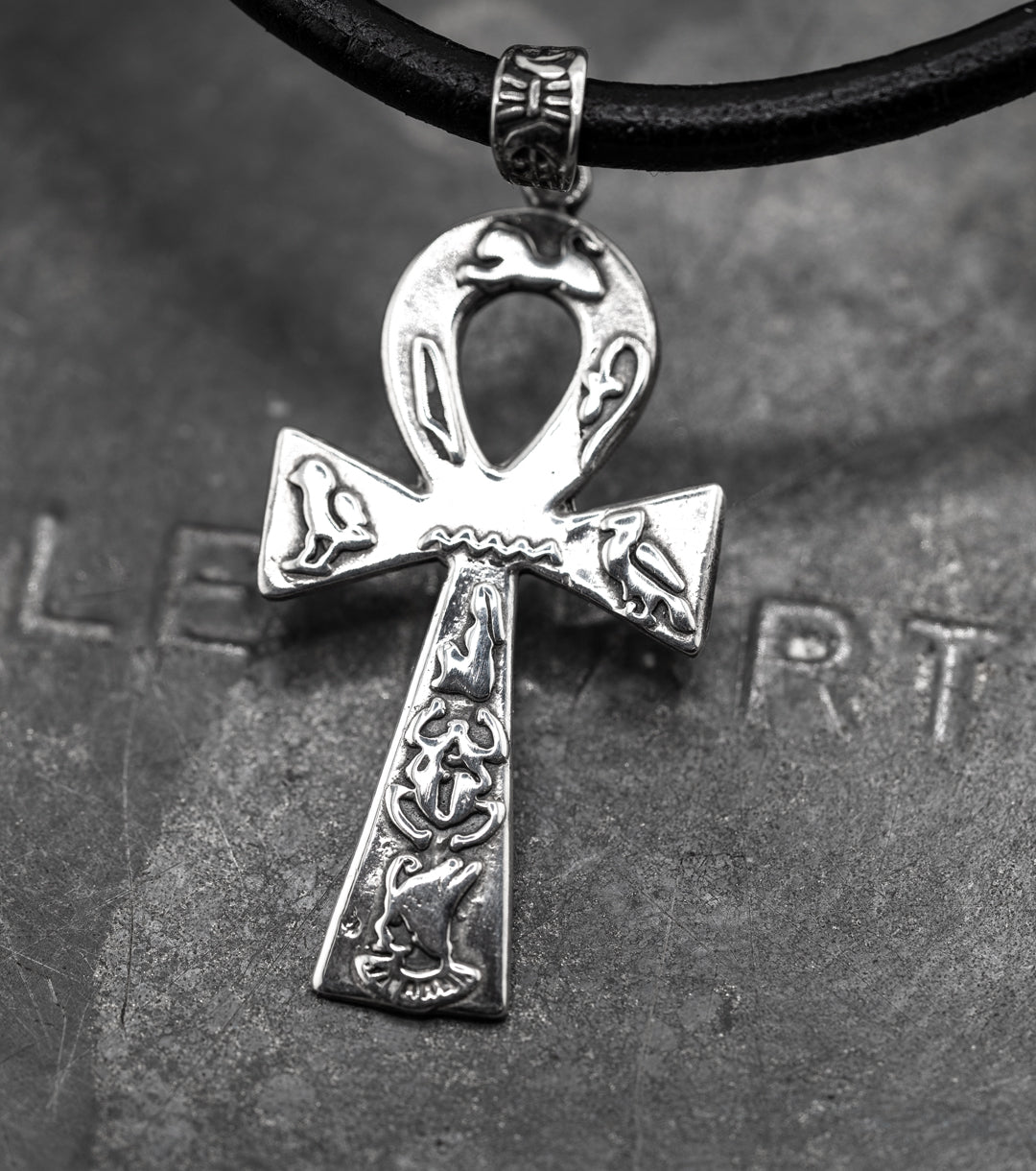 Queen of Egypt Ankh Necklace in 925 Silver and Black Leather